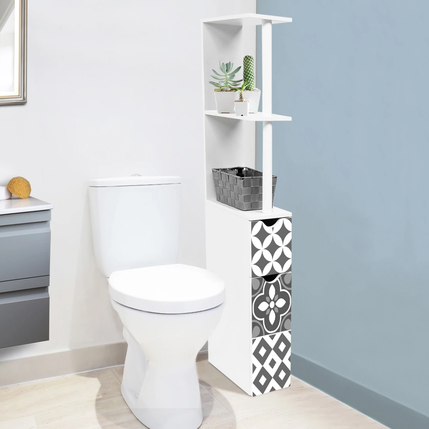 Meuble WC étagère bois WILLY 2 portes blanc et motif carreaux de ciment gris