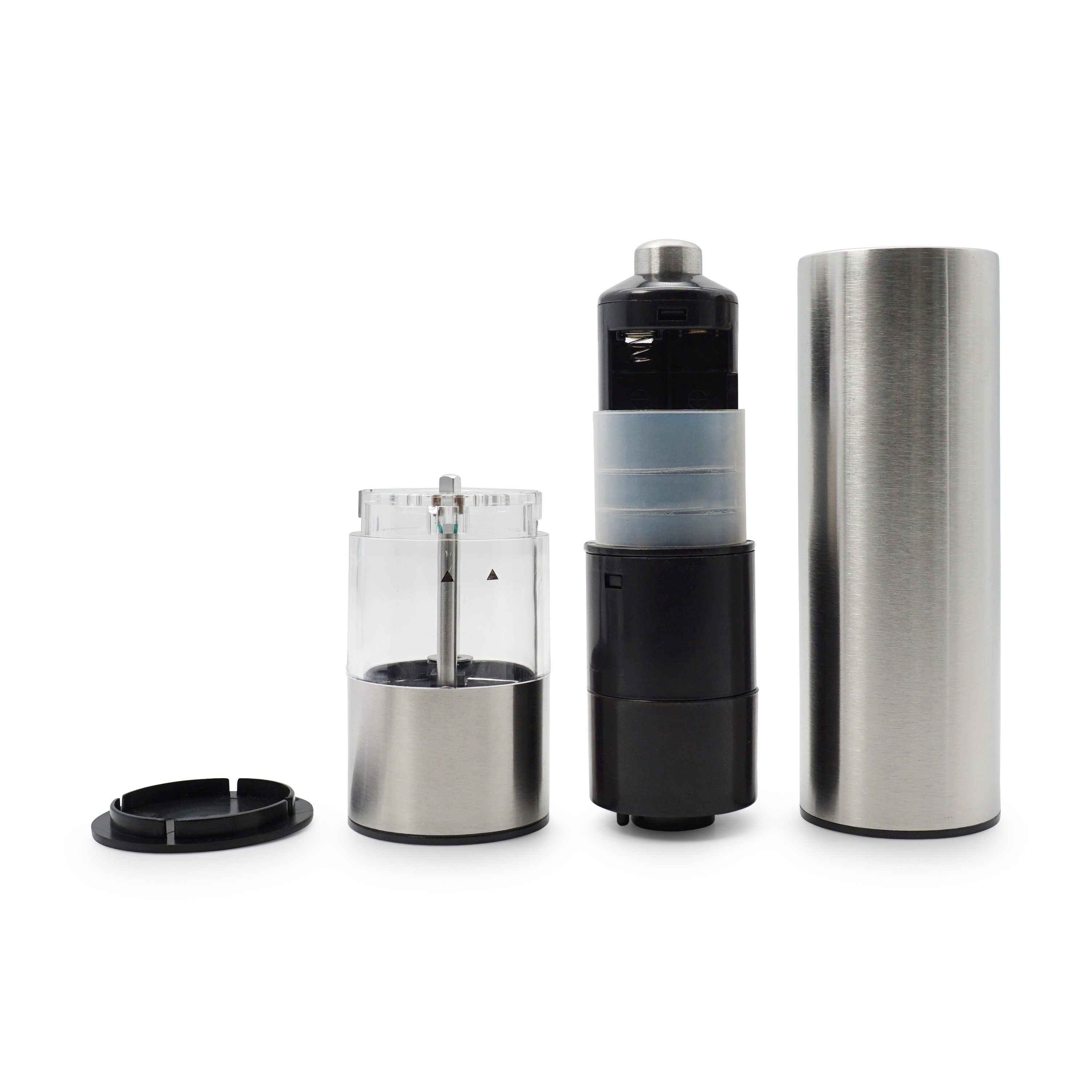Elektrische Edelstahl Pfeffermühle Salz Grinder Automatische Gewürzmühle mit LED Licht (Batteriebetrieben) - Silber