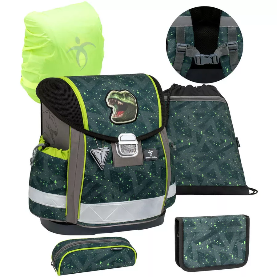 Belmil Schulranzen Classy Schulranzen Set 5-teilig mit Brustgurt T-Rex Roar