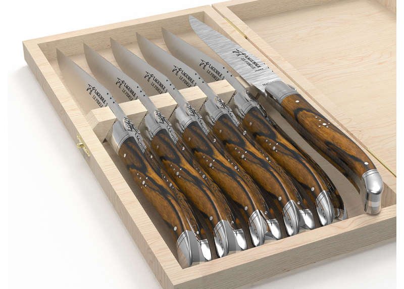 Service de 6 couteaux Laguiole avec un manche en bois d'ébène royal et mitres en acier inoxydable