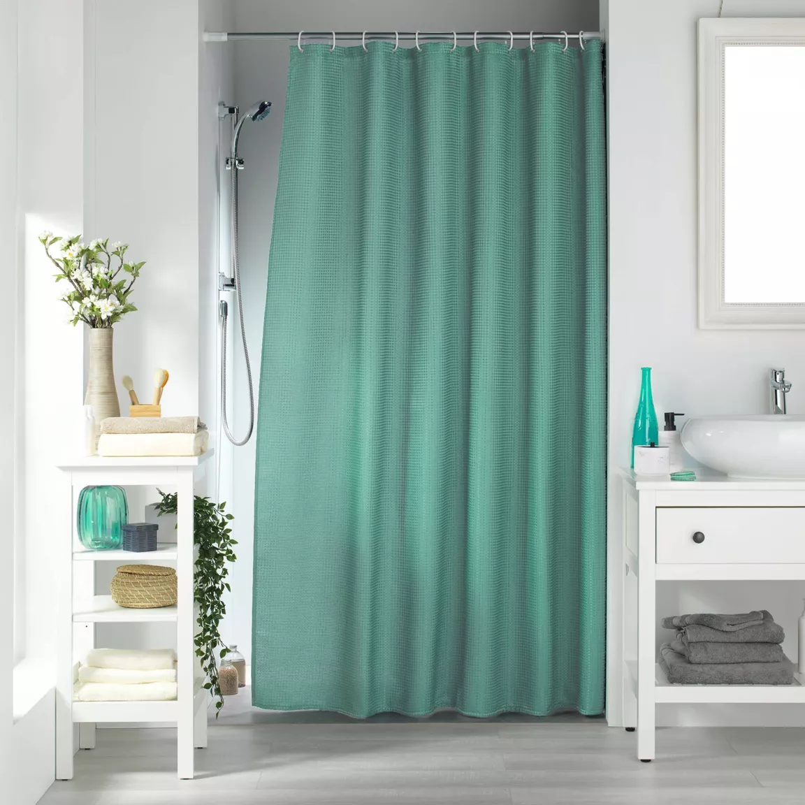 Rideau de douche effet tissé à anneaux (180 x 200 cm) Quartz Vert tilleul