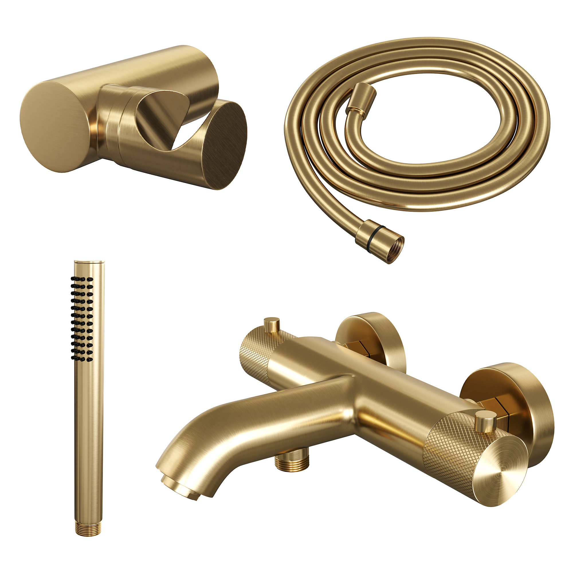 Brauer Gold Carving thermostatische badkraan met wandhouder en staafhanddouche geborsteld messing PVD