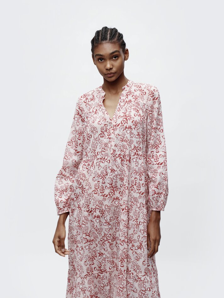 Vestido longo estampado de manga comprida - Rosa