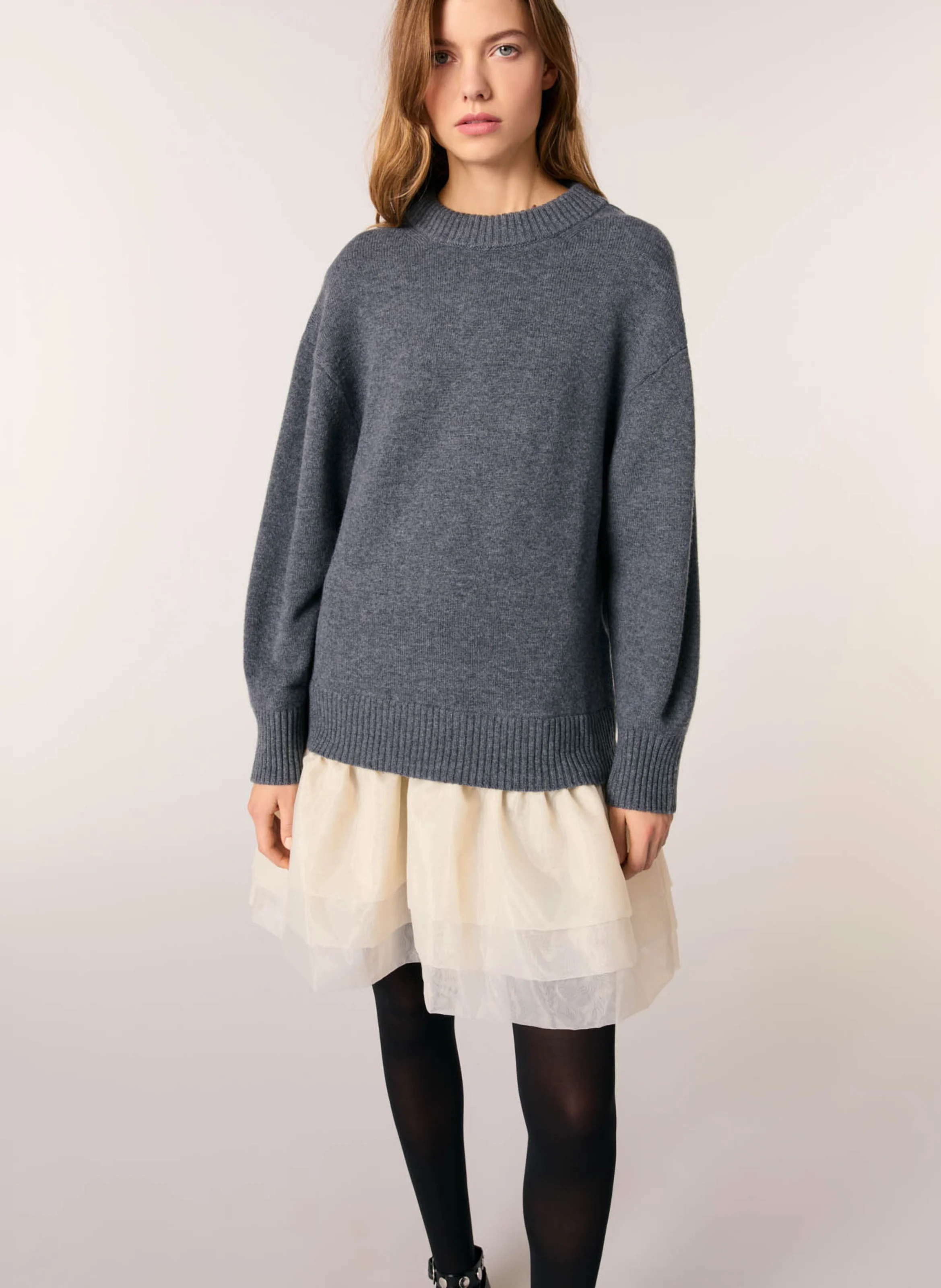 Robe courte col rond en laine mélangée | Gris