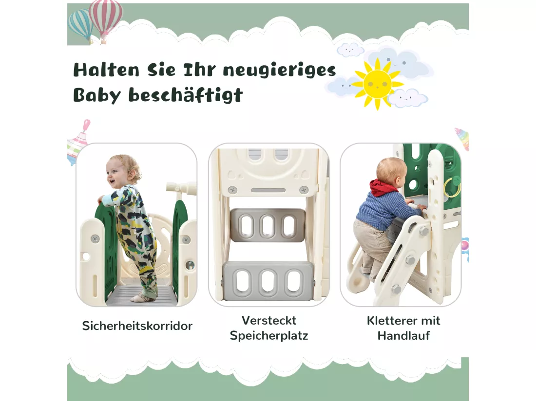 Toboggan pour Enfants,Aire de Jeux intérieure et extérieure- avec panier de basket, toboggan, ,Escalade- Vert