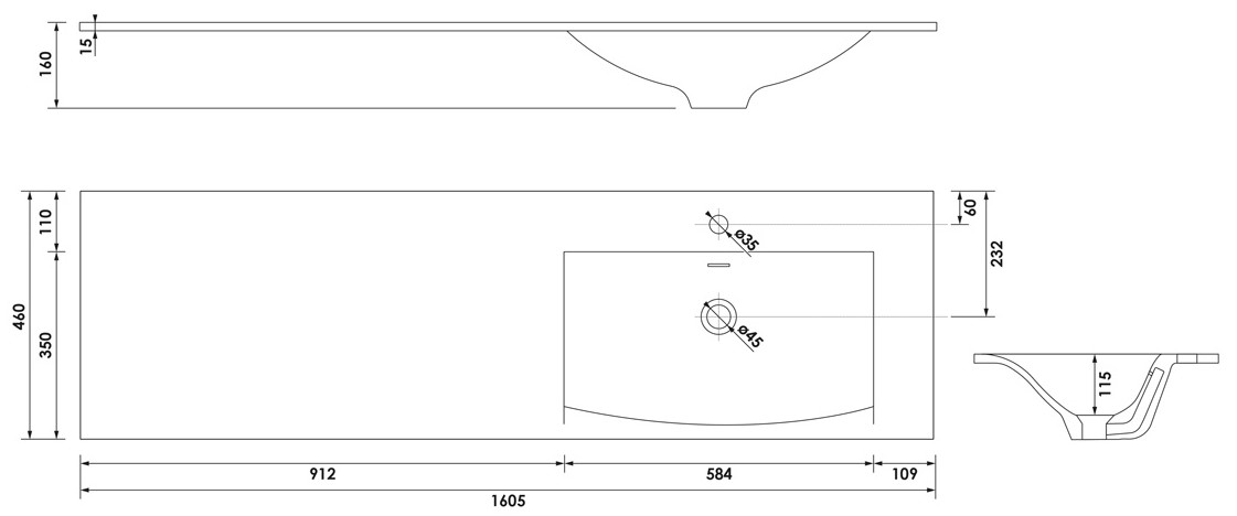 Brauer Glacier wastafel fine stone 160cm rechts met kraangat wit mat