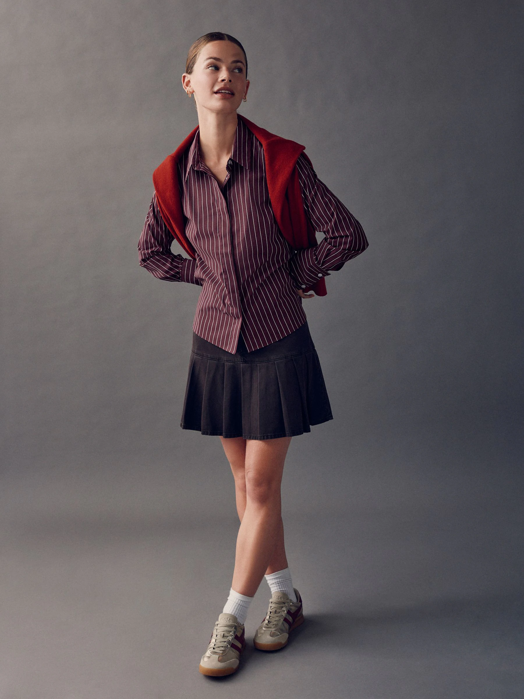 Bordeauxrood gestreept - Fitted Stretch Essential Long Sleeve Shirt