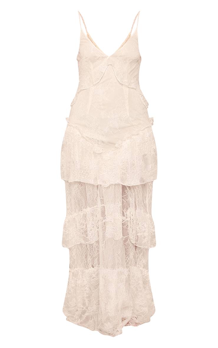 Crème Robe Longue Étagée À Décolleté Plongeant Et Bretelles En Dentelle