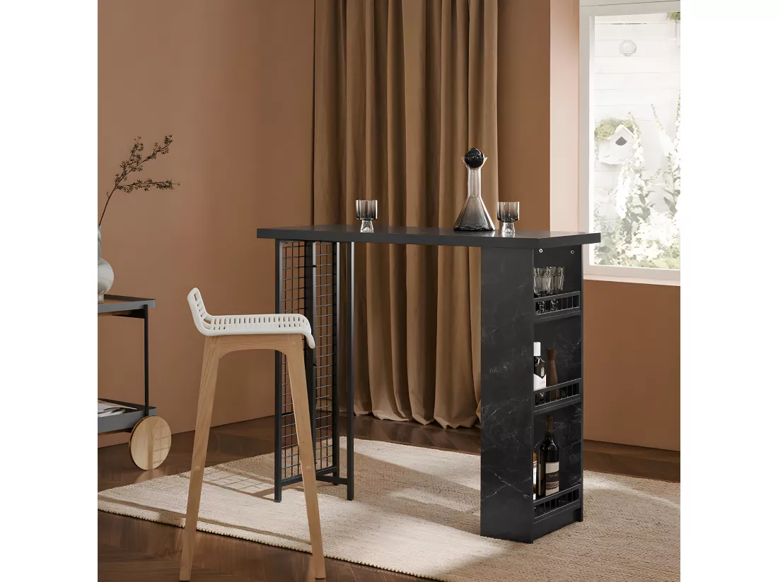 SoBuy FWT100-SCH Table de Bar avec 3 Étagères avec Surfaces de Rangement, Table pour Cuisine, Salle à Manger et Salon, Effet Marbre Cadre en Métal
