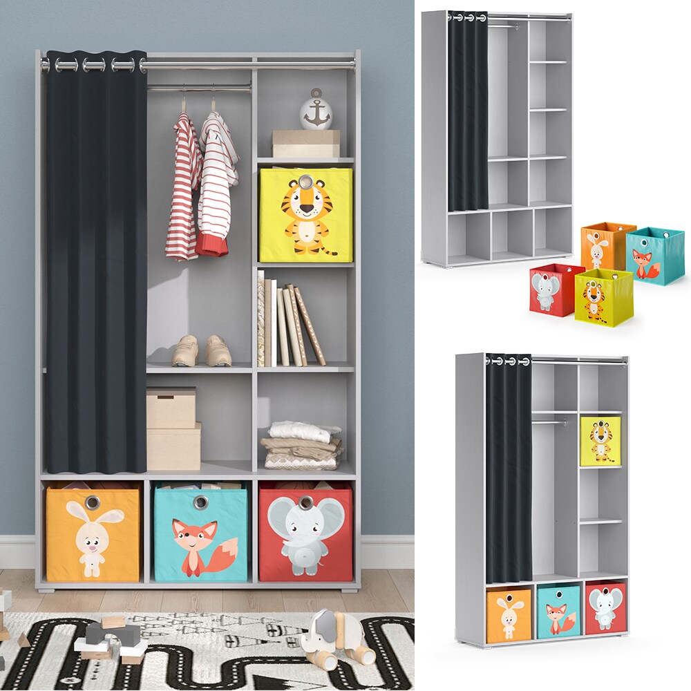 Vicco Kinderkleiderschrank Kinderzimmerschrank Kindergarderobe Luigi Hellgrau Faltbox 106 x 178 cm modern Schrankregal Jugendzimmerschrank Organizer Vorhang Kleiderstange Fächer Aufbewahrung Spielzeugablage