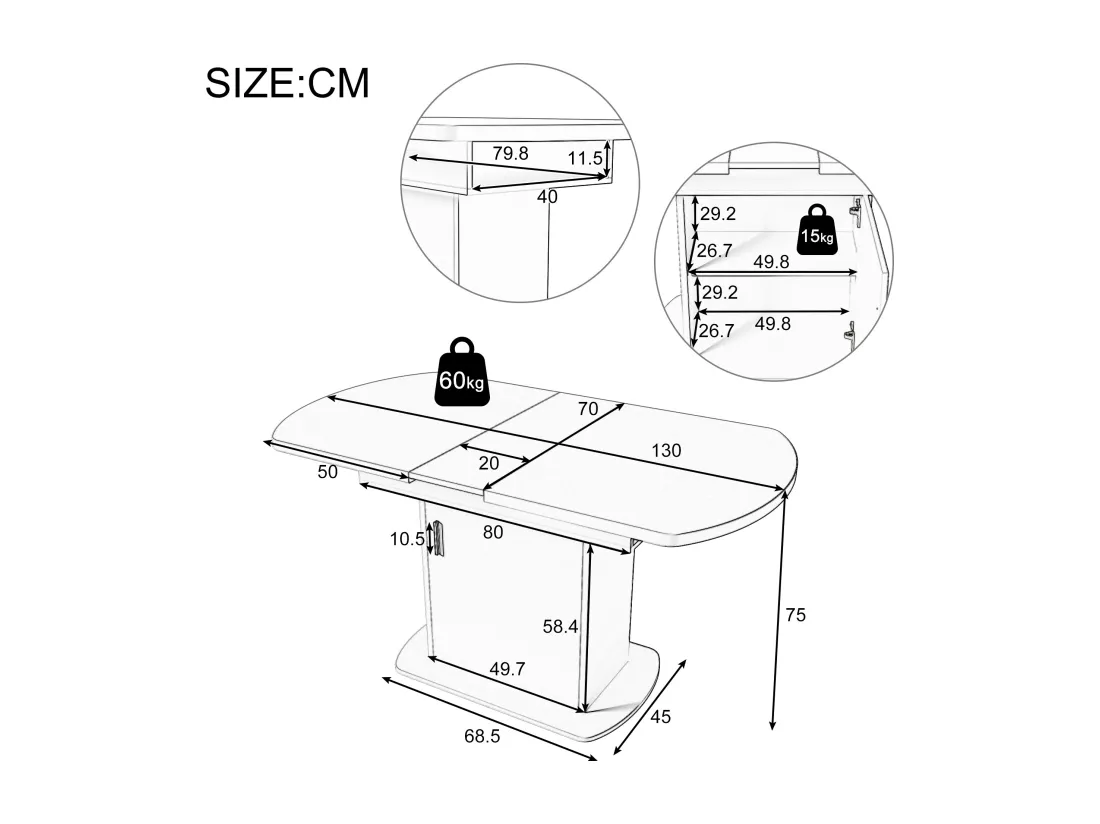 Table à manger ovale escamotable - avec espace de rangement et poignée dorée - Blanc