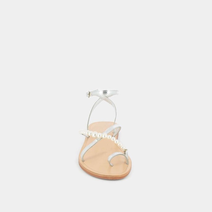 Sandales à brides et perles  en cuir métallisé argent