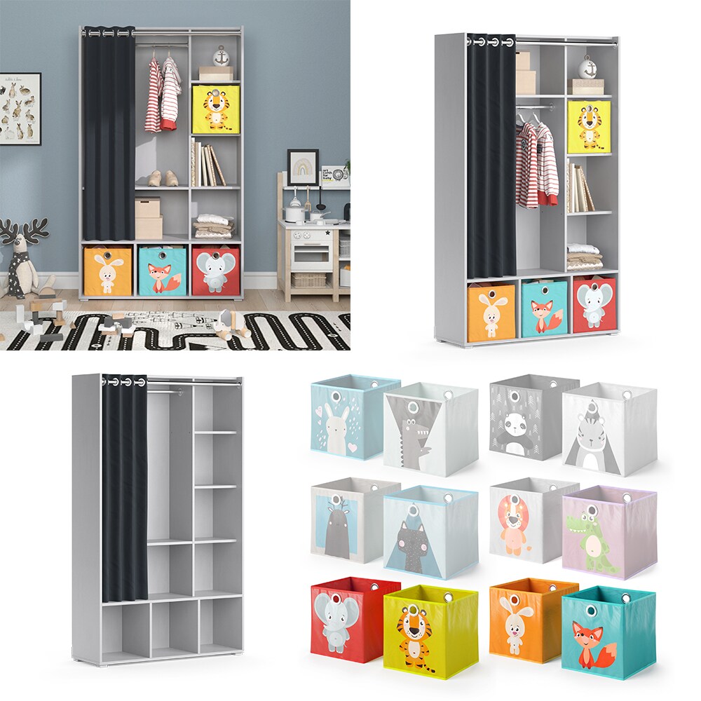 Vicco Kinderkleiderschrank Kinderzimmerschrank Kindergarderobe Luigi Hellgrau Faltbox 106 x 178 cm modern Schrankregal Jugendzimmerschrank Organizer Vorhang Kleiderstange Fächer Aufbewahrung Spielzeugablage