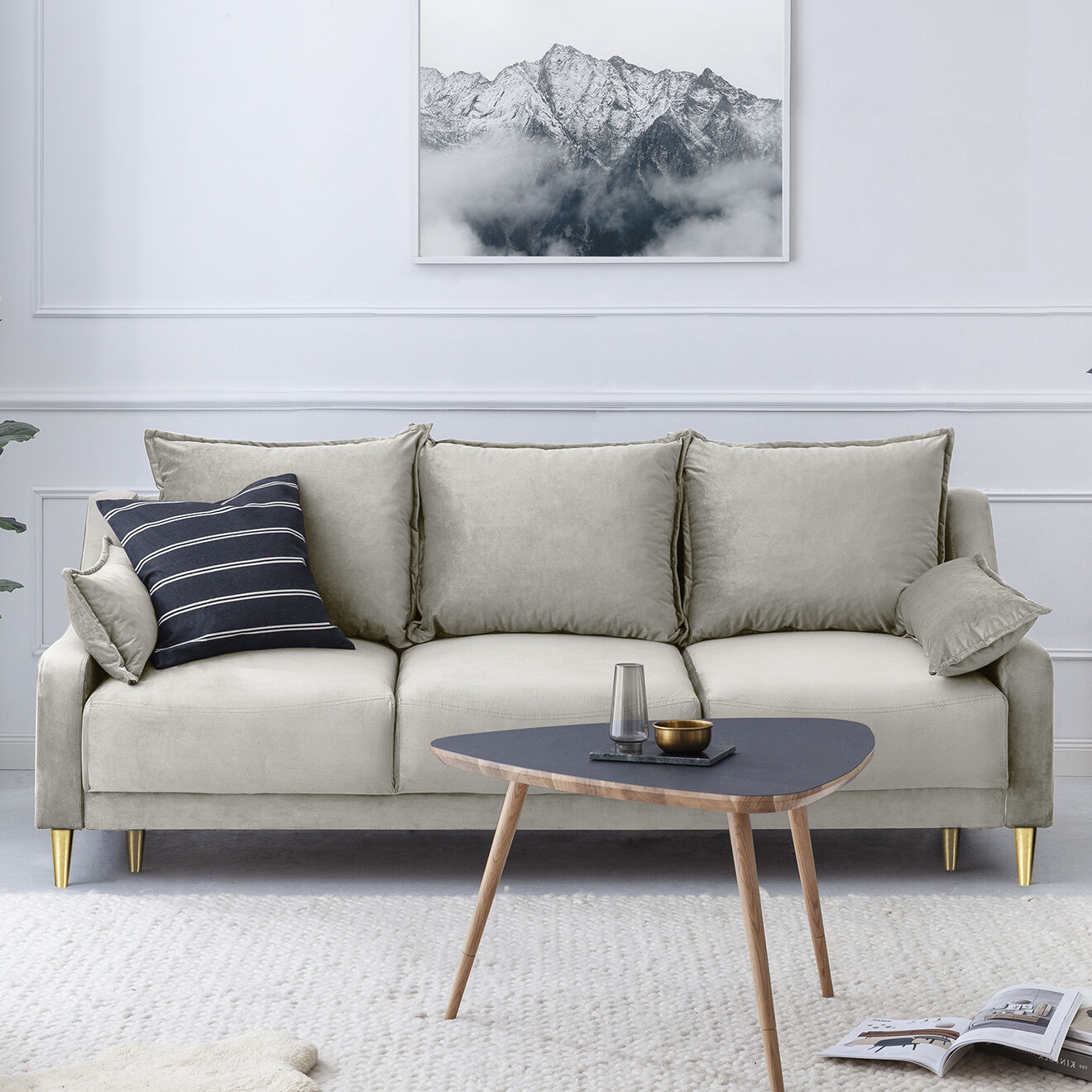 Mazzini Sofas Canapé convertible 3 places avec coffre de rangement Freesia beige - 215x94x90 cm