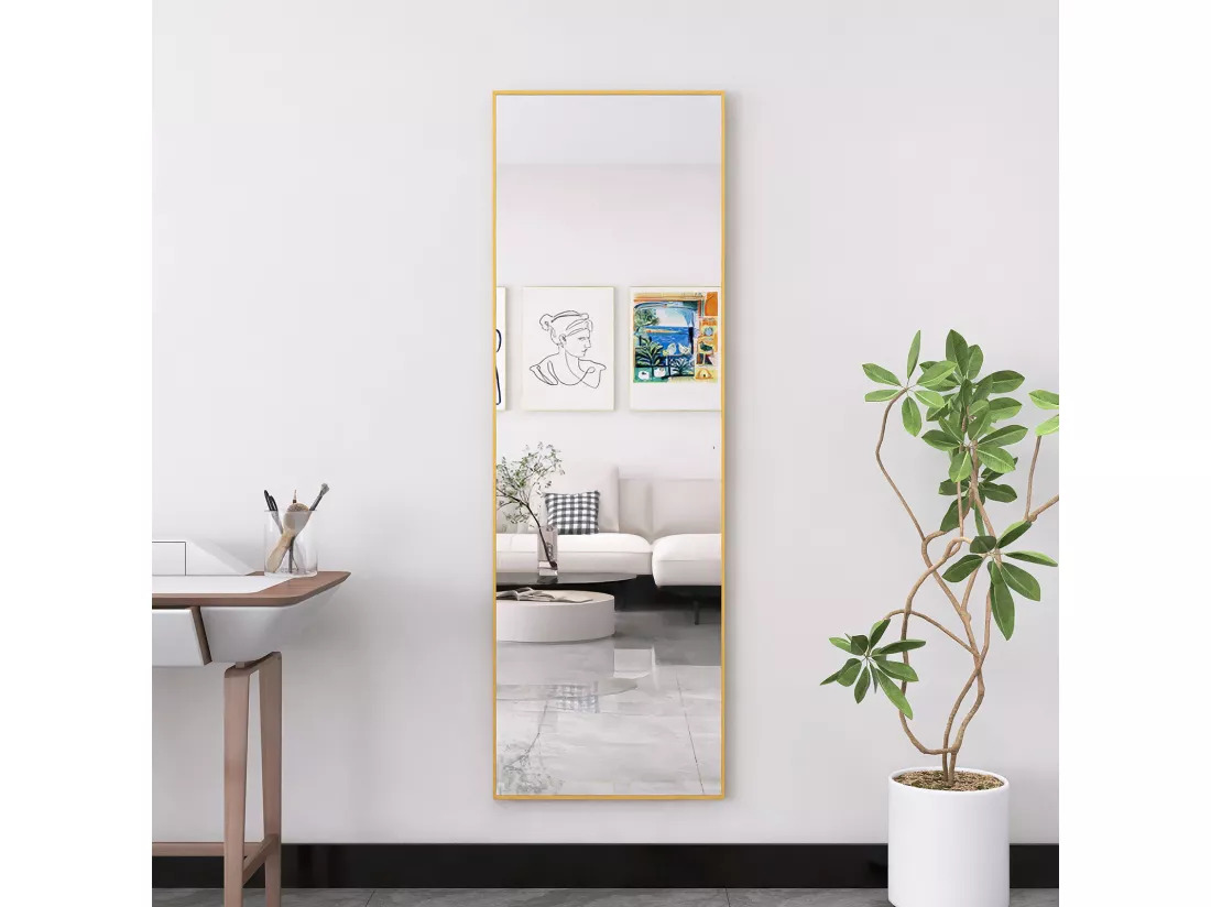 Miroir pleine longueur 162 x 53 cm, sur pied, suspendu ou appuyé, grand miroir de sol avec cadre en alliage d'aluminium doré pour salon ou chambre à coucher, rectangulaire