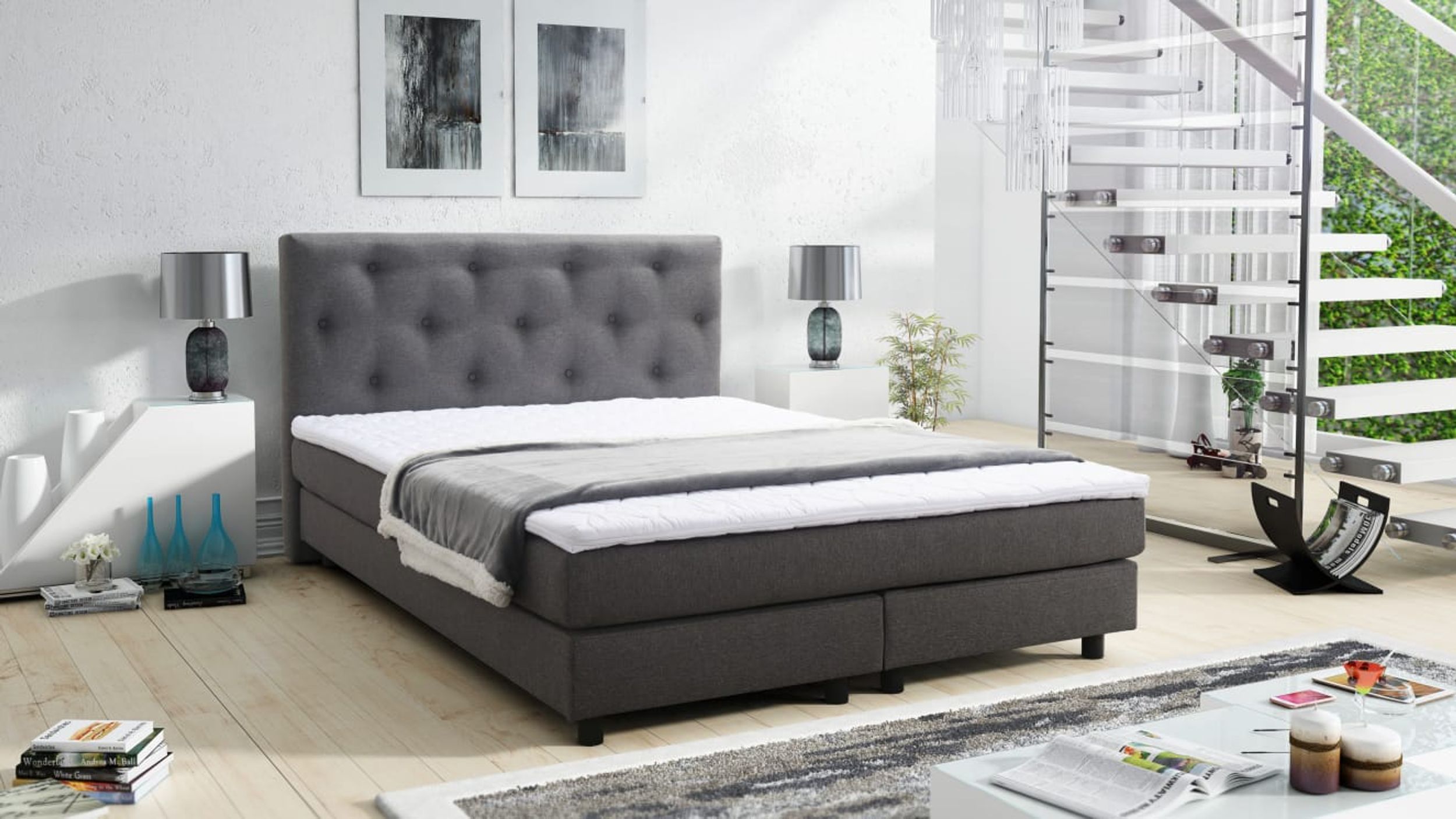Boxspringbett Boxbett Glenn 2 Chester Hotelbett 140x200 Bett Topper Grau