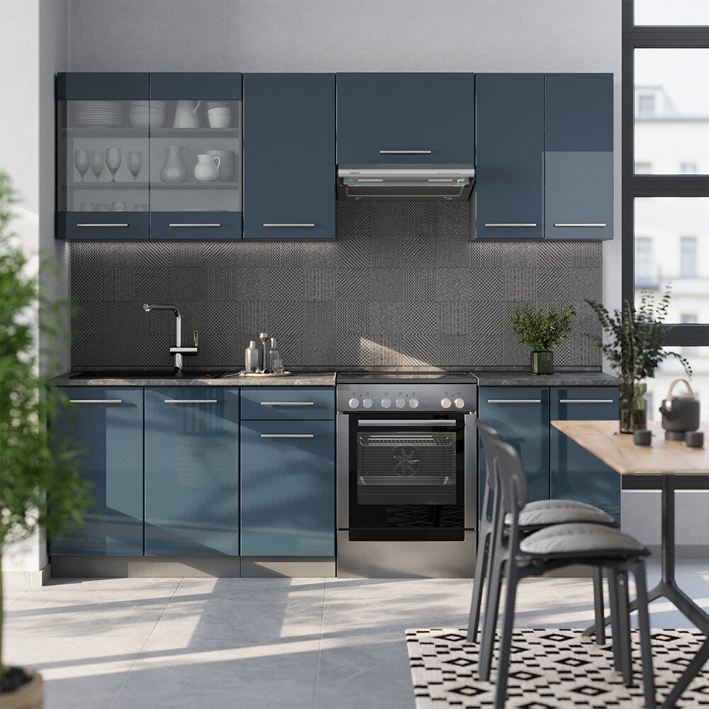 Vicco Küchenzeile Fame-Line Anthrazit Dunkelblau Hochglanz 240 cm ohne Arbeitsplatte