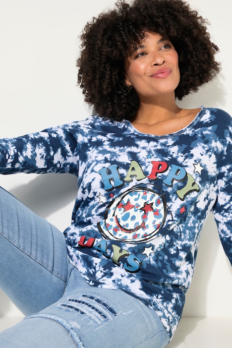 T-Shirt, Batik-Muster, Smiley, V-Ausschnitt, 3/4-Ärmel