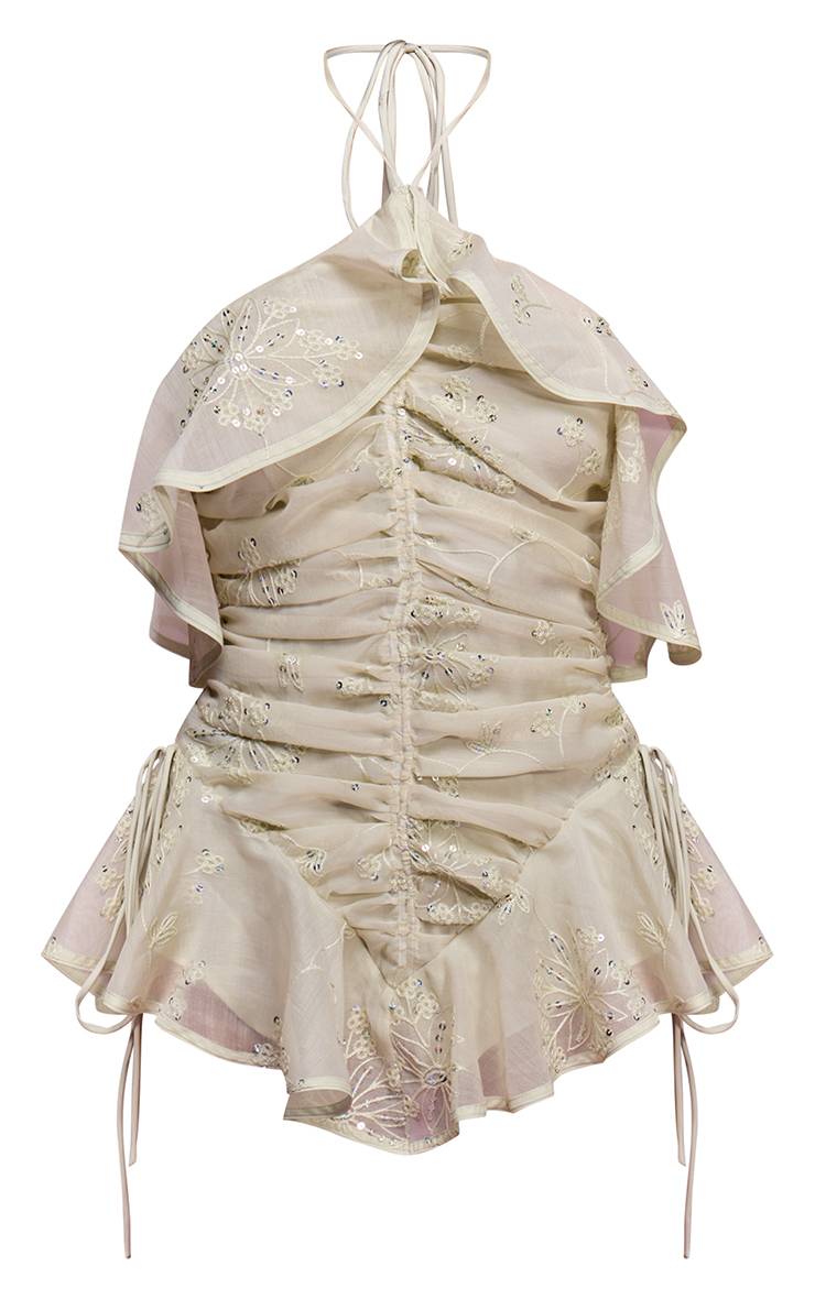 Citron Vert Body Unitard À Col Licou Avec Broderies De Sequins Et Volants