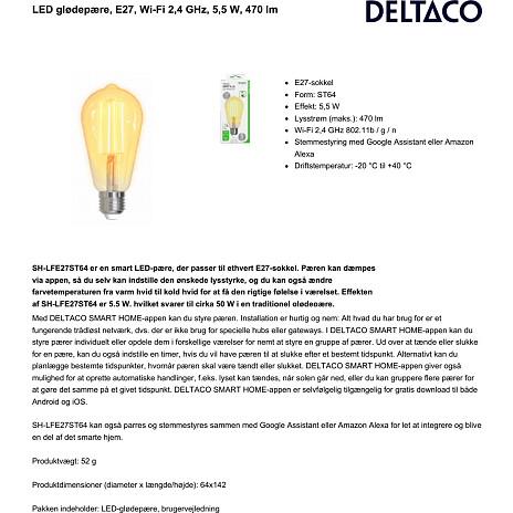 Deltaco Smart Filament LED glødepære E27 - hvid