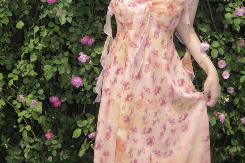 Moanum - Maxi-jurk met spaghettibandjes en bloemenprint