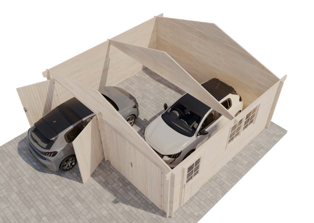 Alpholz Dubbele Garage D, Houten Garage, Carport met 70 mm Wanddikte, Prefab Garage, Natuurlijke Afwerking, 6x5,3m