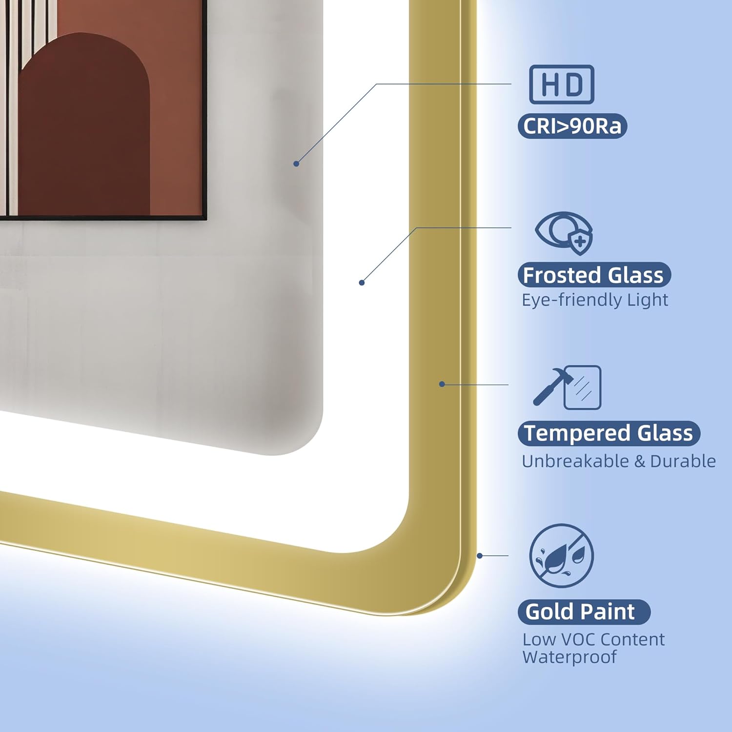 STARLEAD 100x70cm Golden LED-Badspiegel-mit-Beleuchtung und Bluetooth, Entfoggen, Dimmbar, 3 Lichtfarben, HD Gehärtetes Glas, IP44 Wasserdicht, Horizontal/Vertikal