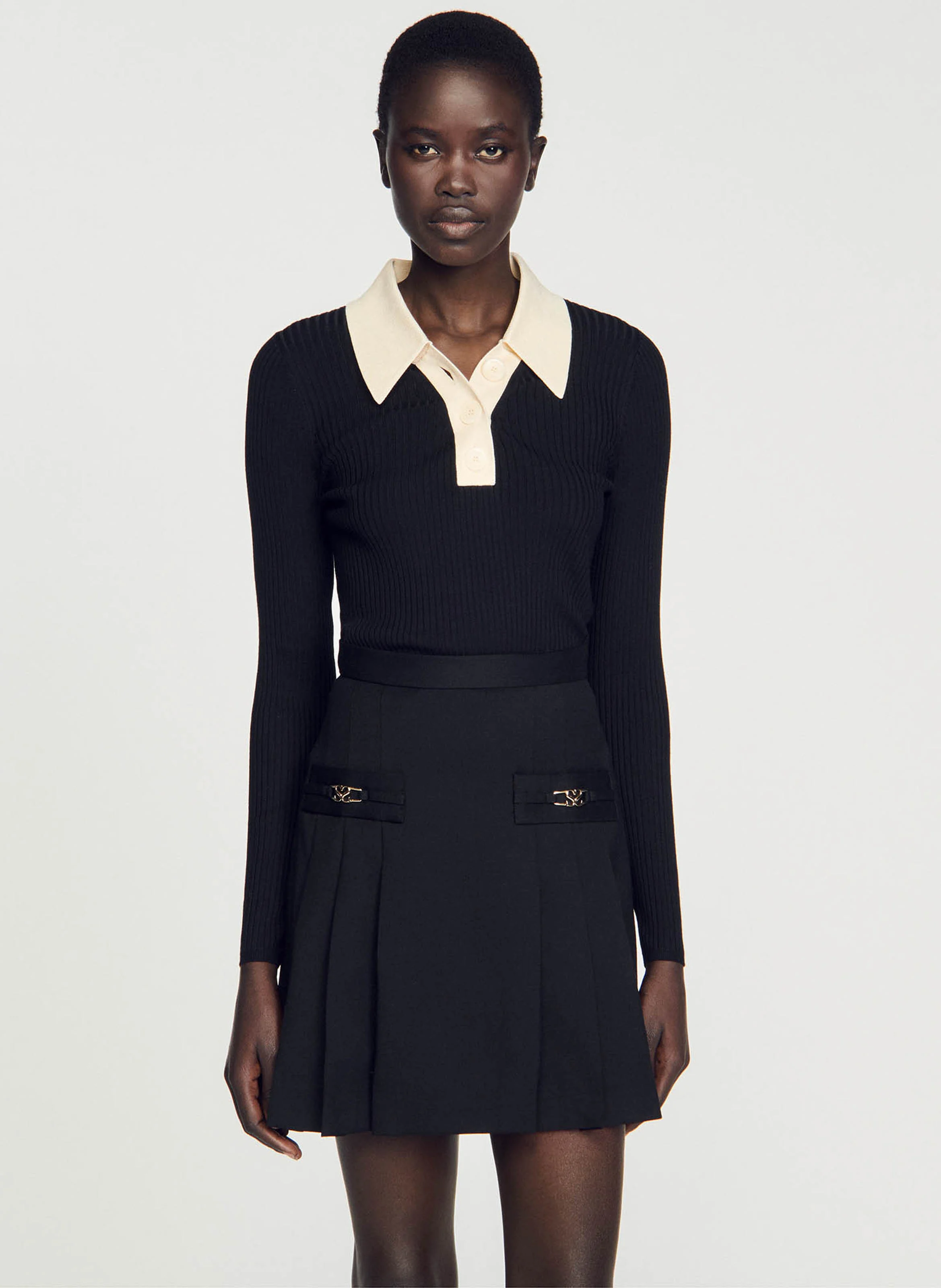 Pull polo moulant côtelé | Noir