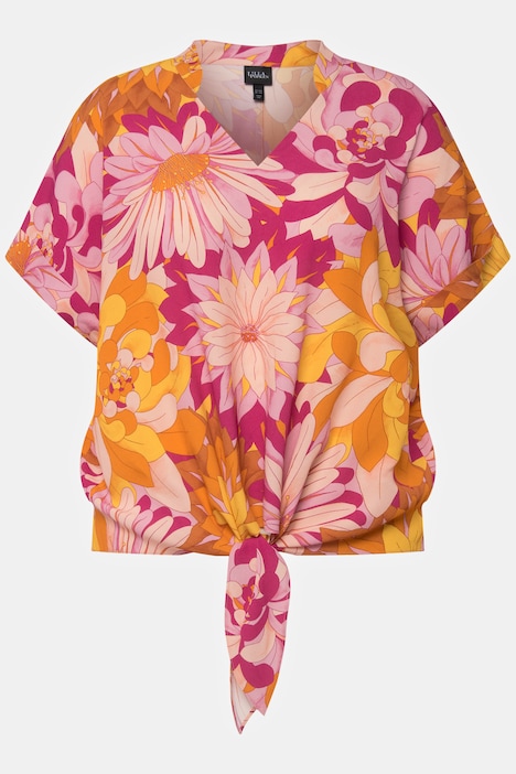 Tunika, Blüten, Oversized, V-Ausschnitt, Halbarm
