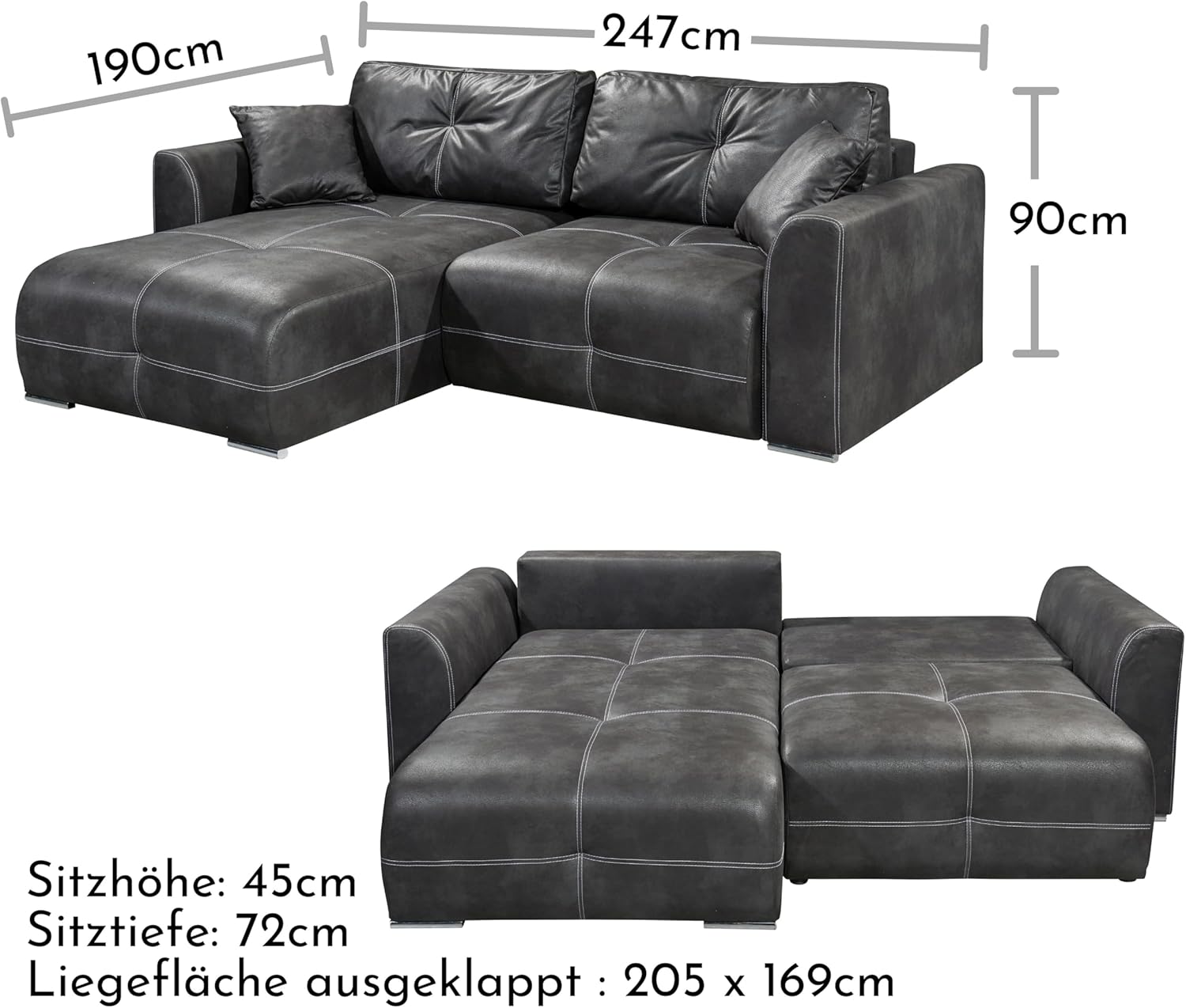 DOLAN Ecksofa mit Schlaffunktion in Lederoptik, Anthrazit - Moderne Eckcouch in L-Form mit Bettkasten - 247 x 90 (70) x 190 cm (B/H/T)