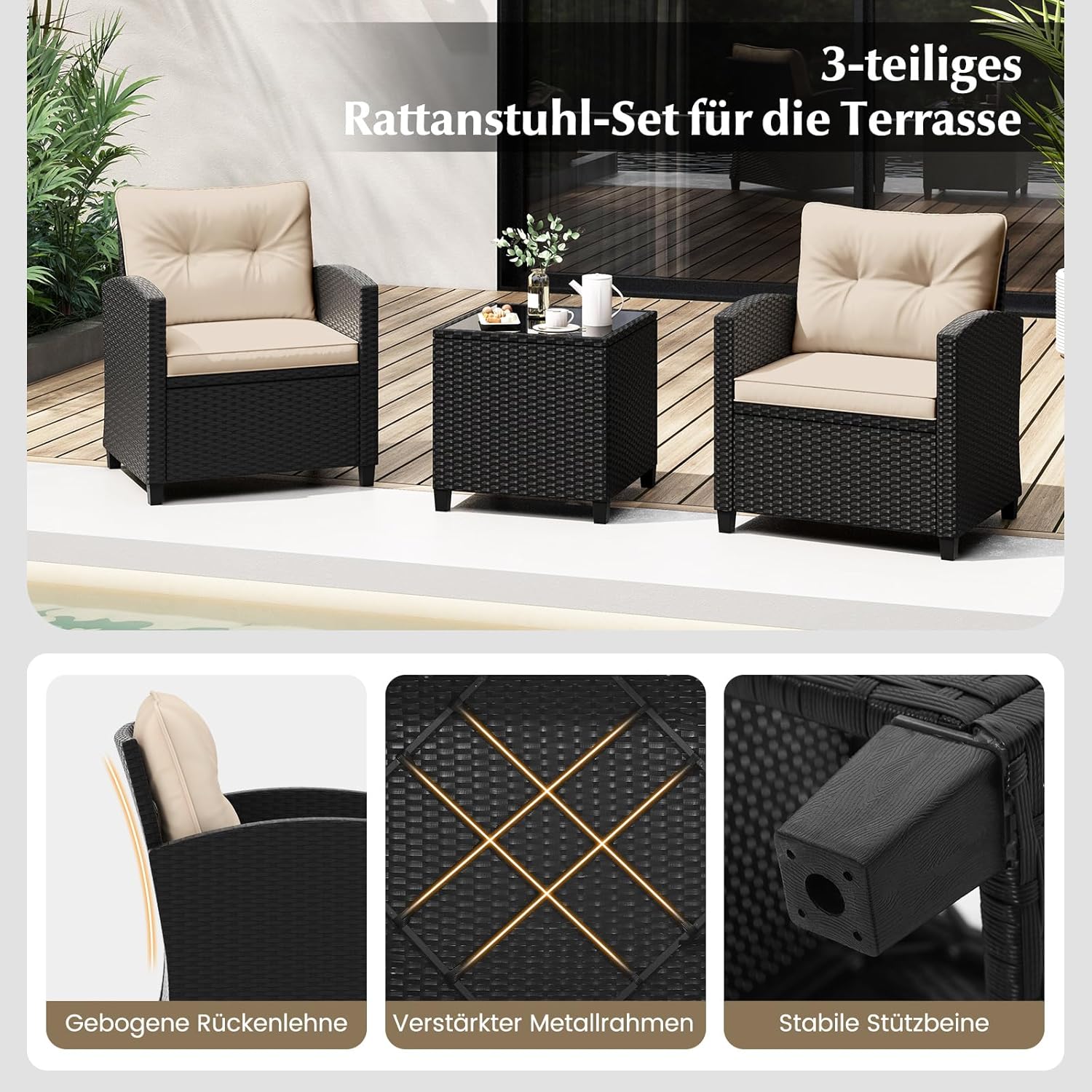 COSTWAY 3-TLG. Rattan Gartenmöbel Set, Balkonmöbel mit Kissen, 2 Stühlen und Tisch, Polyrattan Balkonset, Terrassenmöbel, Gartengarnitur, Sitzgruppe für Terrasse, Balkon, Garten (Beige)