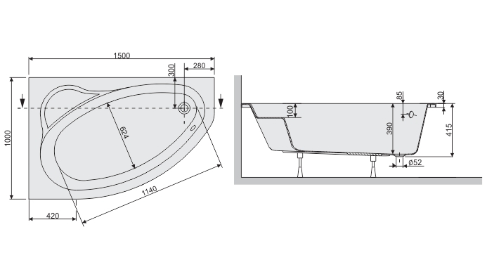 Plazan Ekoplus hoekbad 150x100cm wit links inclusief potenset