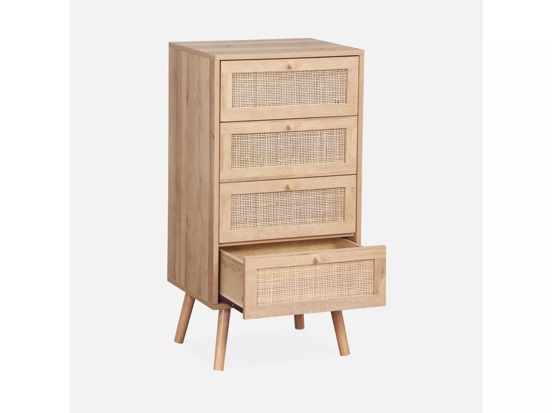 Commode chiffonnier 4 tiroirs effet bois et cannage