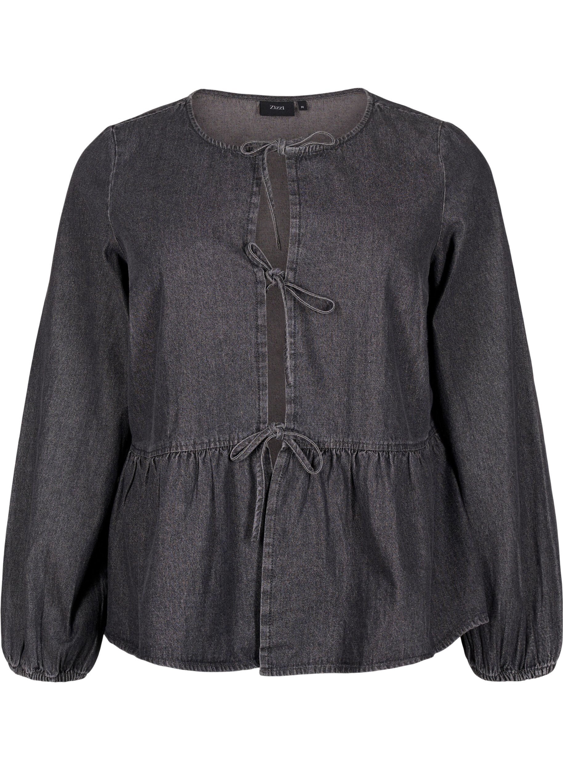 Peplum bluse i denim med bindelukning