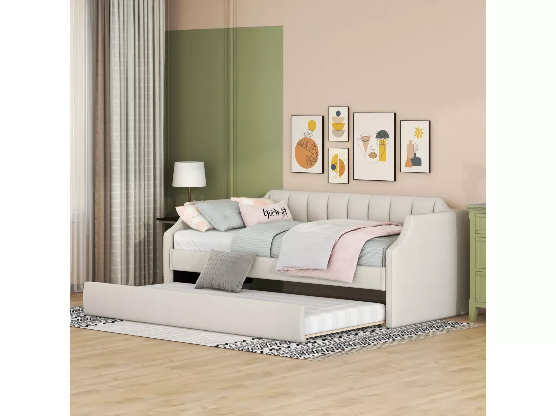 Lit gigogne - 90 x 200 cm et 90 x 190 cm - tissu lin - coloris beige