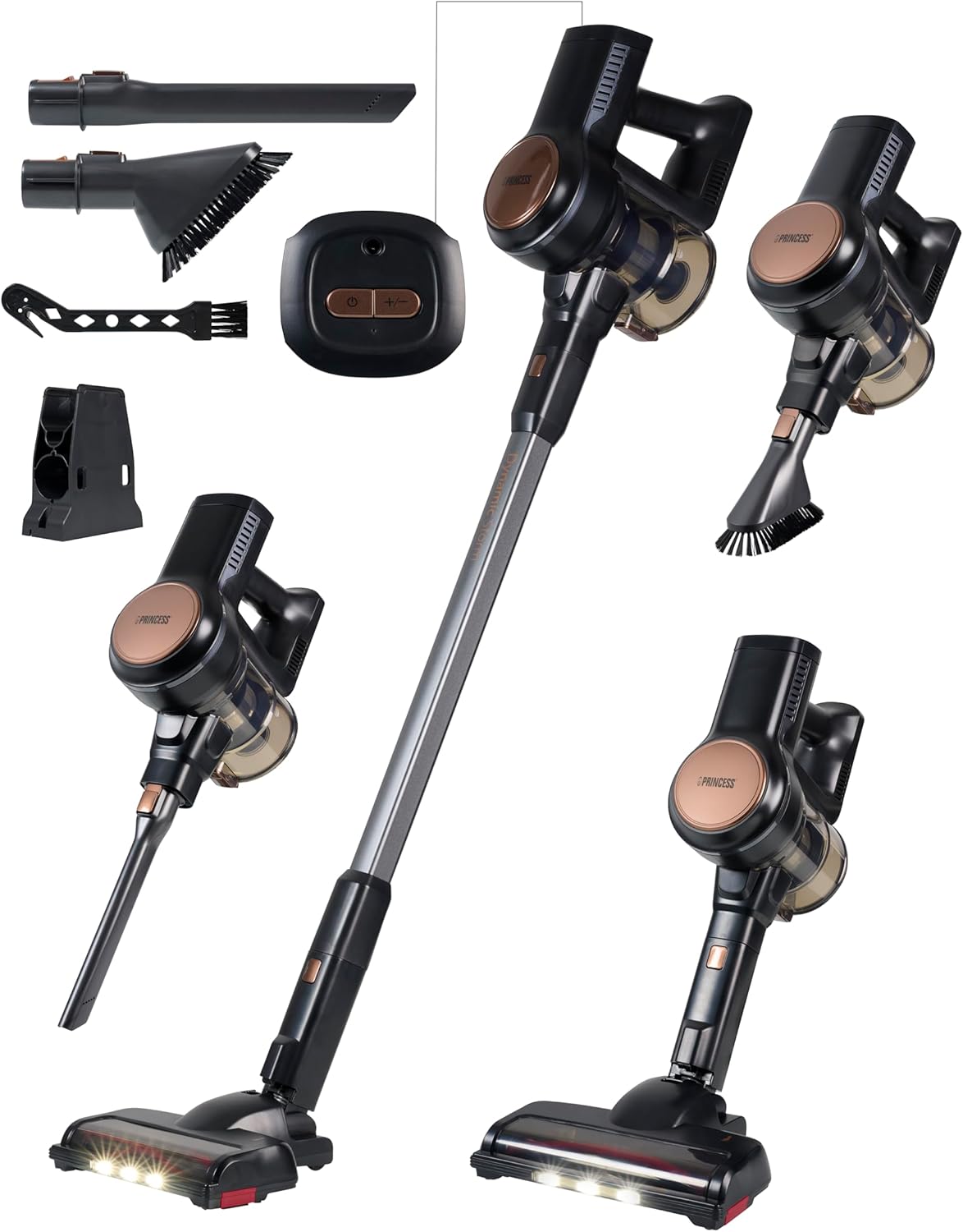 Princess Dynamic Storm – Leistungsstarker bürstenloser Motor – Hygienische Behälterentleerung – 30 min kabellos reinigen – Bürste mit LED-Licht – Parkmodus – Handstaubsauger-Modus –39390