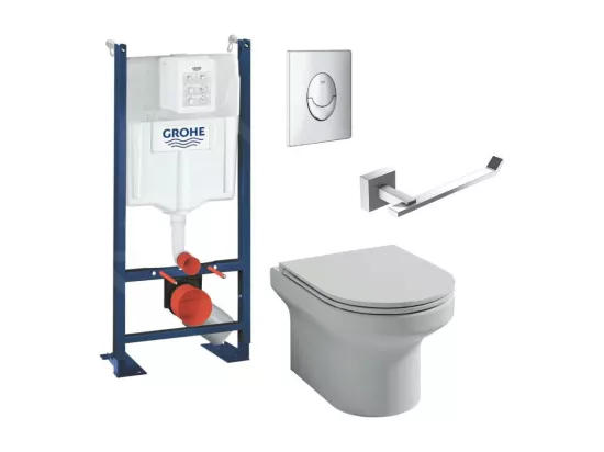 Pack WC suspendu sans bride Jacob Delafon Elite abattant + Bâti support Grohe RapidSL + plaque chromé + Porte-rouleau chromé
