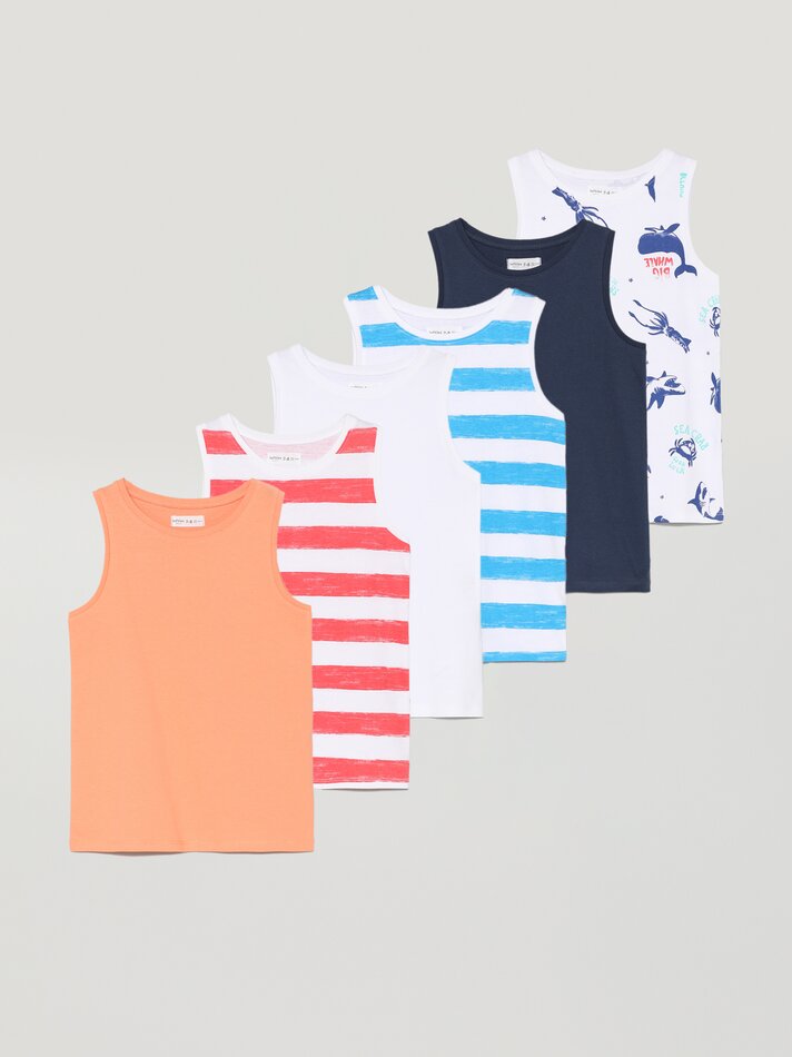 Conjunto de 6 regatas lisas e estampadas - Off-White