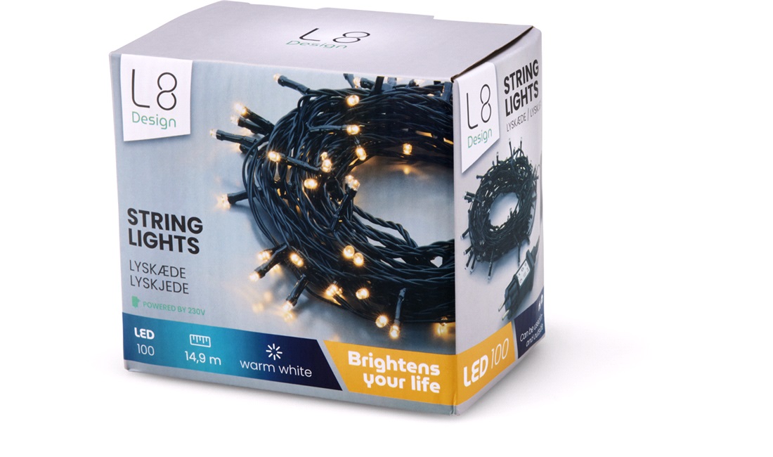 Lyskæde 100 LED, 10m med 220V, ude/inde