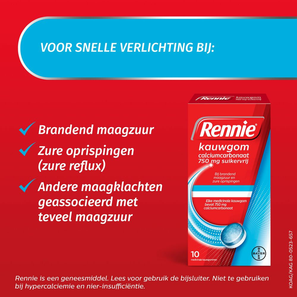 Rennie Kauwgom Calciumcarbonaat 750mg Suikervrij10 stuks