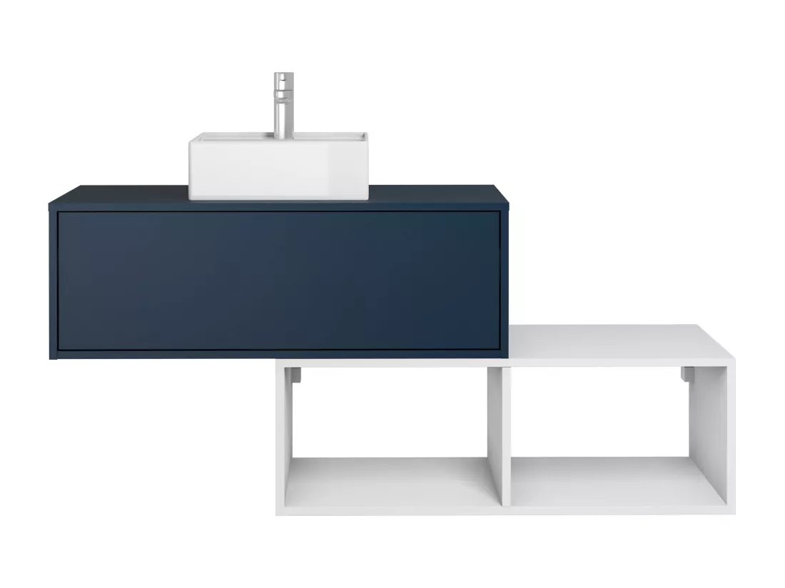 Meuble de salle de bain suspendu avec vasque carrée - 1 tiroir bleu et 2 niches blanches - 94 cm - TEANA II