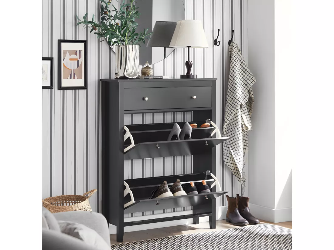 SoBuy Armoire à Chaussures Commode à Chaussures Meuble de Rangement à Chaussures 2 abattants Meuble d'entrée Coffre Rangement pour Chaussures avec Un Grand Tiroir Noir – 80x25x108 cm, FSR89-SCH
