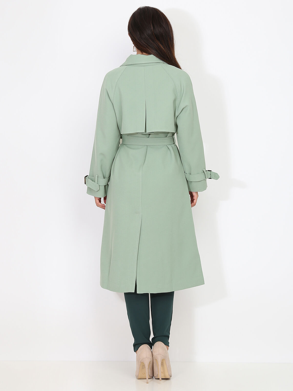 Trench mi-long droit ceinturé- Vert clair