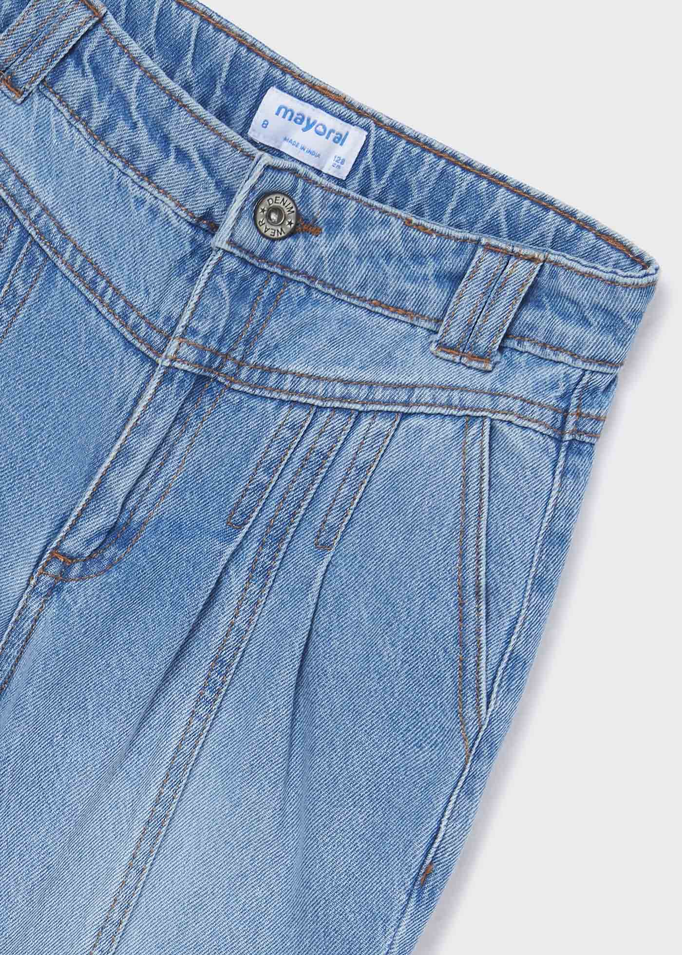 Calça jeans folgada de algodão com cintura alta para meninas