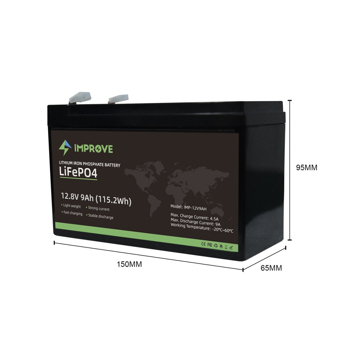 IMPROVE Lithium Batteri 12V 9Ah (LiFePO4) BMS 9A