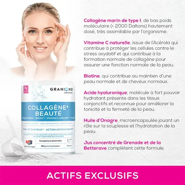 Granions Beauty + Colágeno Marinho, Ácido Hialurônico - Sabor Frutas Vermelhas 260g