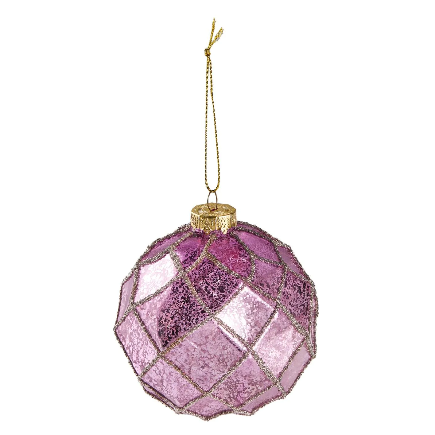 Weihnachtskugel Lila Gold 10 cm mit Relief Quadraten aus Glas