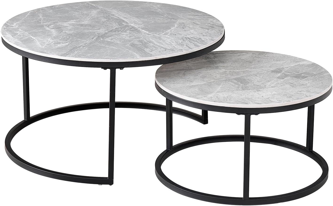 2er-Set Marmor-Couchtische mit Grauer Marmorplatte und Schwarzem Metallgestell, Moderner Runder Beistelltisch fürs Wohnzimmer – 80 x 80 x 45 cm