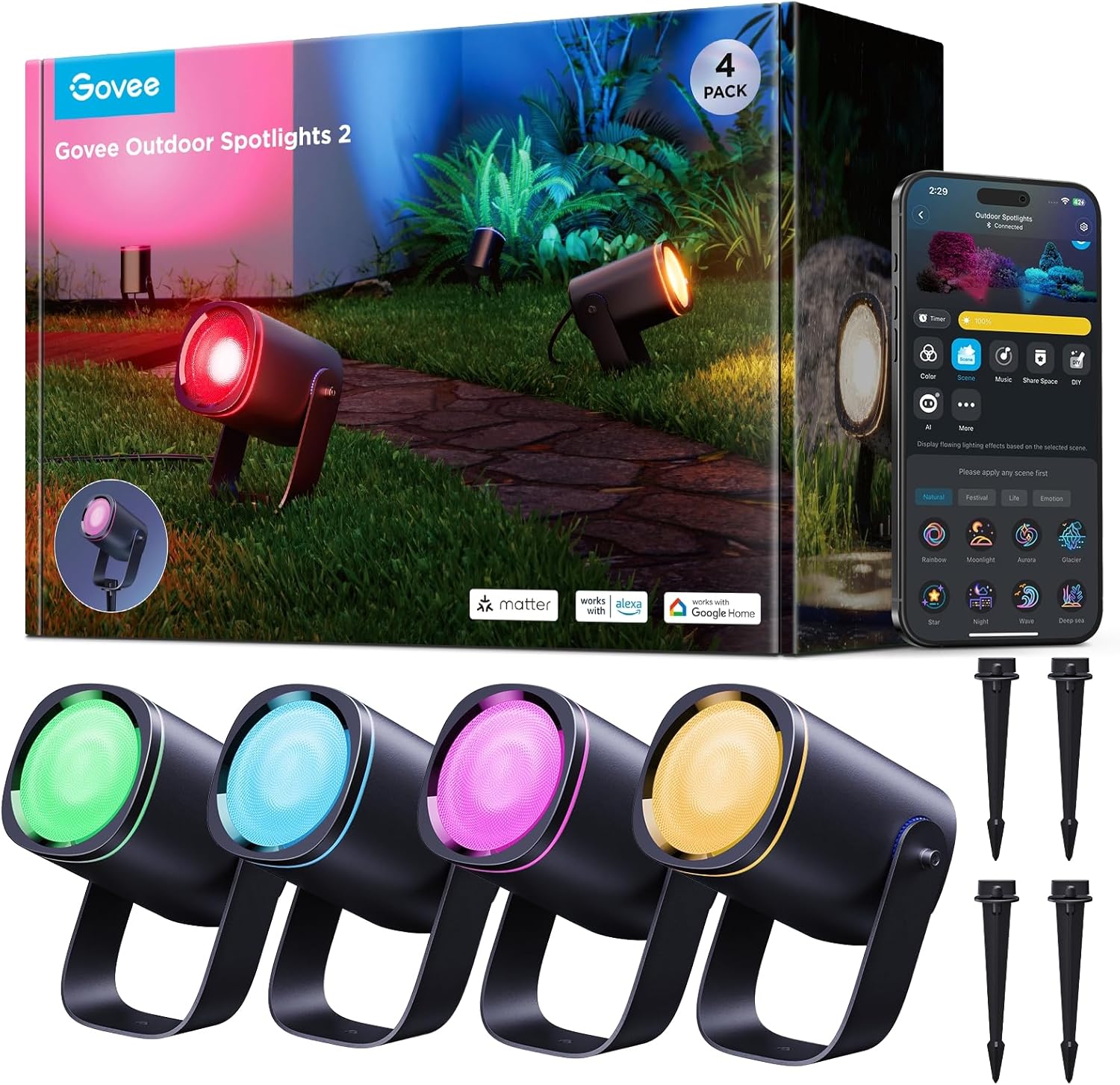 Govee Outdoor LED Strahler, IP67 Wasserdichte Gartenbeleuchtung, RGBWIC Led Strahler Außen, Dimmbar 700lm von 69 Szenenmodi und 16Mio. Farben, Funktioniert mit Alexa, Google Assistant, Matter. 4 Pack