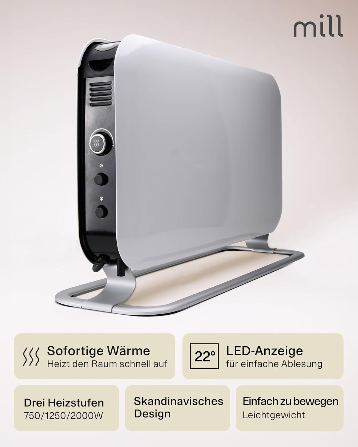 Mill Elektro Heizkörper 2000W, Konvektor Heizung elektrisch 24-28m² freistehende Elektroheizung, leise elektrische Heizung, Elektroheizkörper mit LED Anzeige Electric Heater Heizgeräte für Innenräume